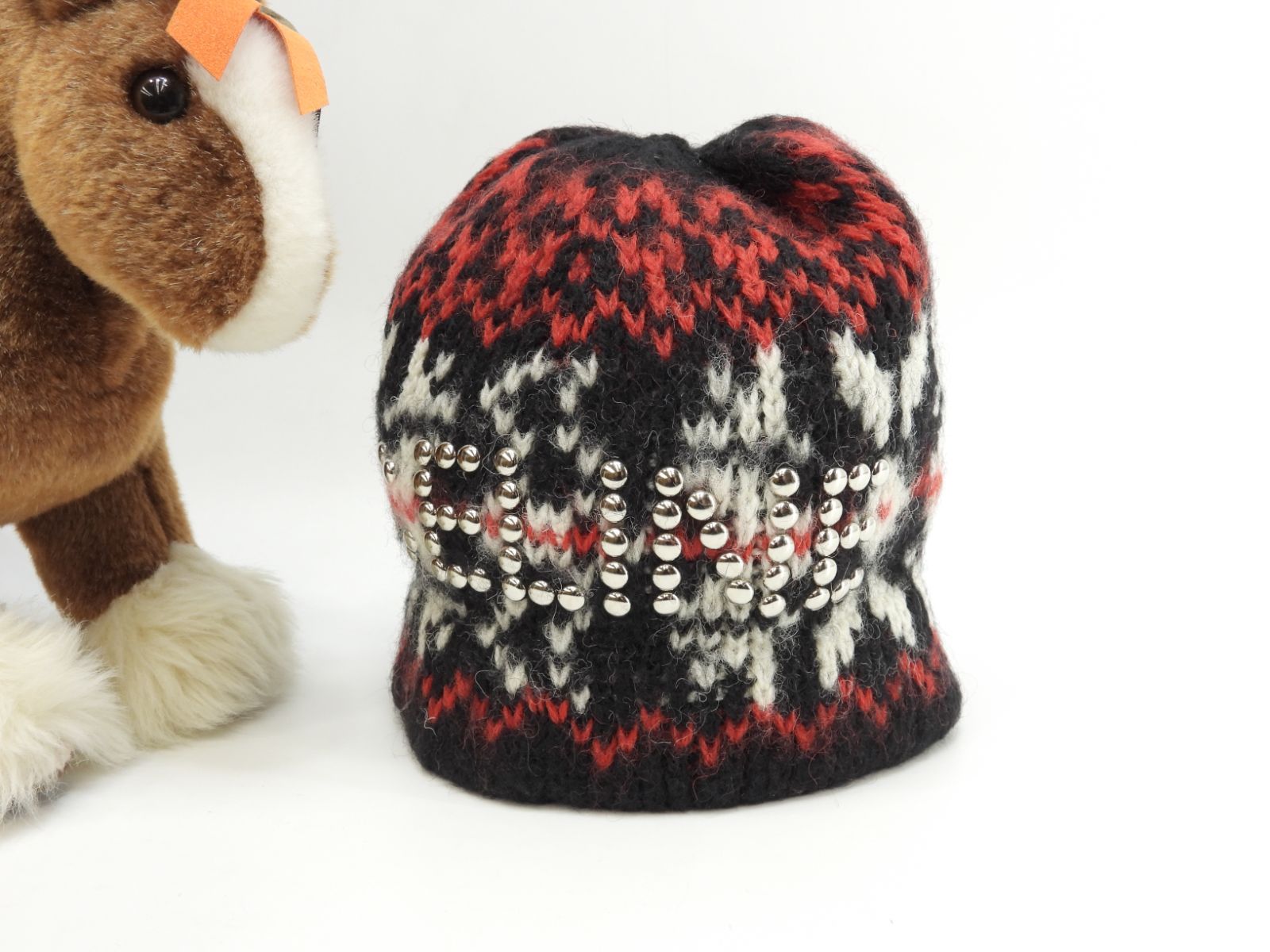 セリーヌ ニットキャップ ウール 黒赤白 ヘッドウォーマー ニット帽 ロゴスタッズ 8