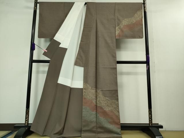 平和屋着物 上 石川県指定無形文化財 牛首紬 白山工房 手織り 訪問着 道長草花文 江戸鼠色地 証紙付き kh 5