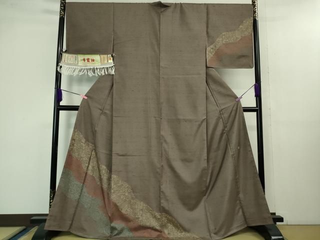 平和屋着物 上 石川県指定無形文化財 牛首紬 白山工房 手織り 訪問着 道長草花文 江戸鼠色地 証紙付き kh 5