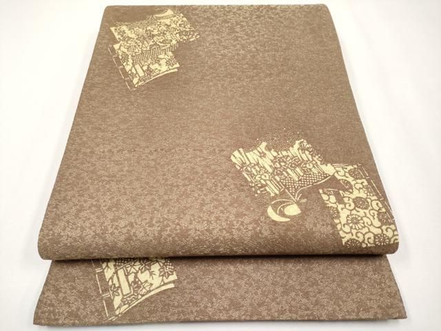 平和屋着物□極上 両面 両方向 全通柄袋帯 型染め 地紙飛鶴枝花文 金