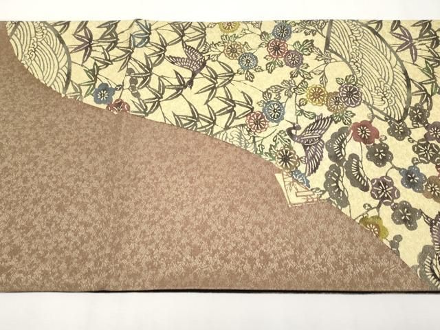 平和屋着物□極上 両面 両方向 全通柄袋帯 型染め 地紙飛鶴枝花文 金