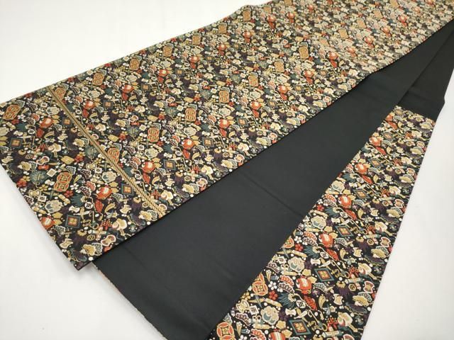 平和屋着物□極上 六通柄袋帯 唐織 宝尽くし 黒地 金糸 逸品