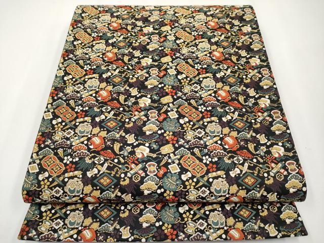 平和屋着物■極上　六通柄袋帯　唐織　宝尽くし　黒地　金糸　逸品　CYAA3751s5 平和屋着物□極上 六通柄袋帯 唐織 宝尽くし 黒地 金糸 逸品