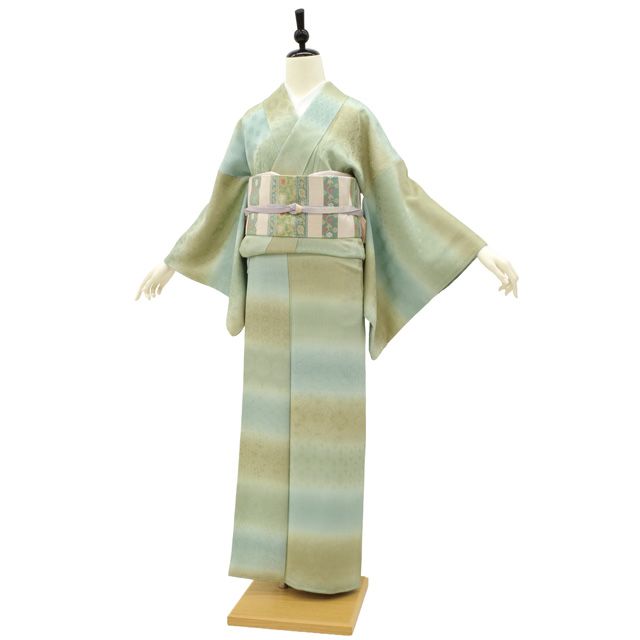  小紋 着物 袷 正絹 リサイクル グリーン系 段ぼかし 緑 青緑 茶緑 地紋 寄せ柄 紋意匠 花唐草 花菱 蜀江 立涌 セミフォーマル カジュアル 春 秋 冬 仕立て上がり 身丈159 裄丈67 Ｍサイズ みやがわ sb 16600 小紋 着物