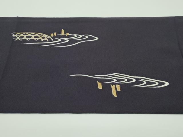  平和屋着物 上 九寸開き名古屋帯 友禅 刺繍 枝垂れ柳人物文 金彩 鬼しぼ縮緬 紫黒色地 s 5 名古屋帯 帯