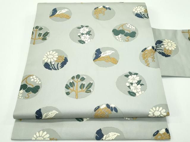 平和屋着物 上 西陣 川島織物 九寸名古屋帯 唐織 草花丸文 柳鼠色地 s 5