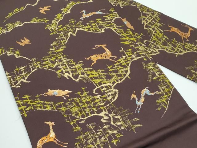 平和屋着物 上 龍村美術織物 たつむら 九寸名古屋帯 遠山動物文 金糸 三越扱い 赤墨色地 s 5
