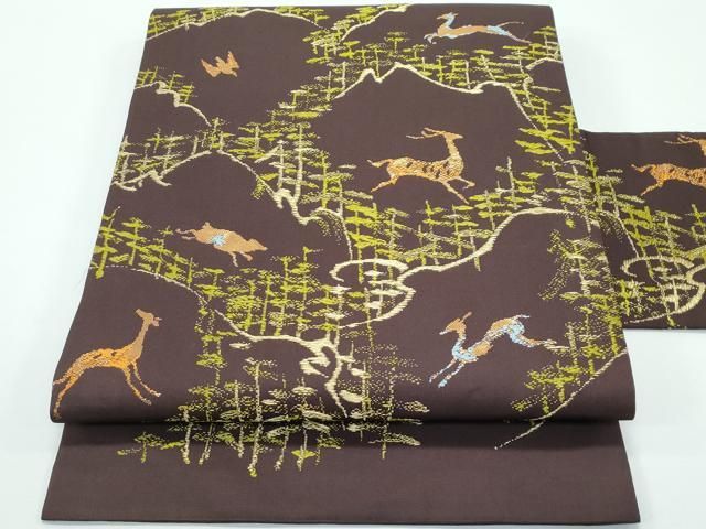 平和屋着物 上 龍村美術織物 たつむら 九寸名古屋帯 遠山動物文 金糸 三越扱い 赤墨色地 s 5