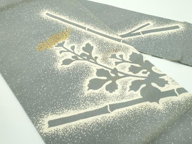 人間国宝　森口華弘　名古屋帯　縮緬地　蒔糊友禅 蒔糊散らし　南天絵柄　グレー 平和屋着物□極上 人間国宝 森口華弘 蒔糊友禅 蒔糊散らし 九寸名古屋