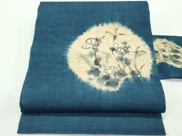 平和屋着物 上 夏物 九寸名古屋帯 手描き 藍 万寿菊 金彩 麻 s 5