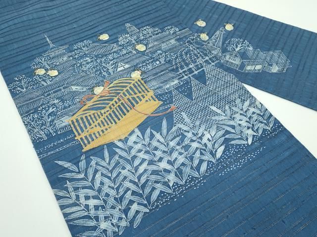 平和屋着物 上 夏物 山田や 舞衣ん 九寸名古屋帯 手描き 紬地 風景文 蛍 御召御納戸色地 s 5