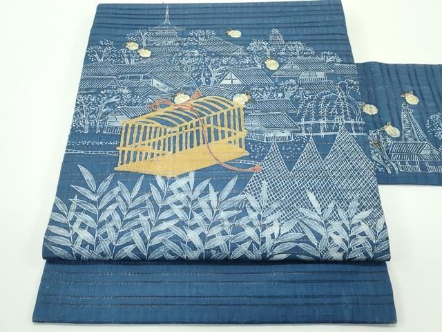 平和屋着物 上 夏物 山田や 舞衣ん 九寸名古屋帯 手描き 紬地 風景文 蛍 御召御納戸色地 s 5
