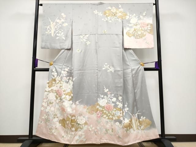 平和屋着物 上 訪問着 刺繍 雲取り枝花文 暈し染め 金彩 鼠色地 s 5