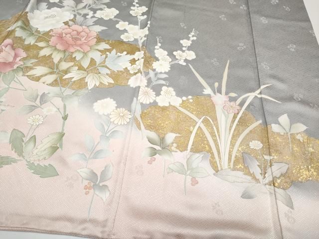  平和屋着物 上 訪問着 刺繍 雲取り枝花文 暈し染め 金彩 鼠色地 s 5 訪問着 付け下げ 着物