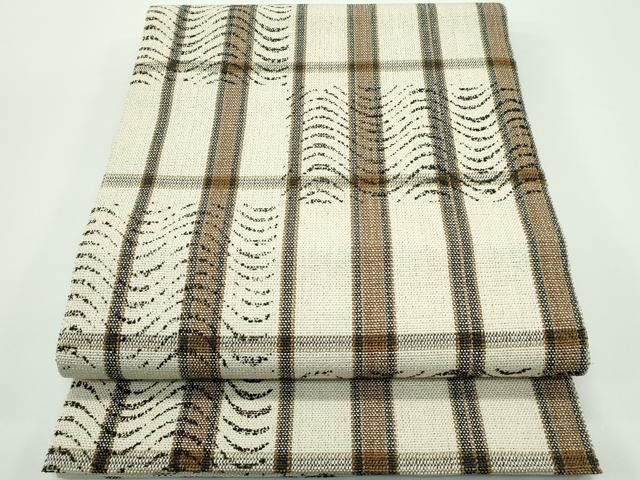 平和屋着物 上 夏物 絹藤布 赤城玉 手織 木渋草木色 八寸名古屋帯 市松間道 反端 証紙付き s 5