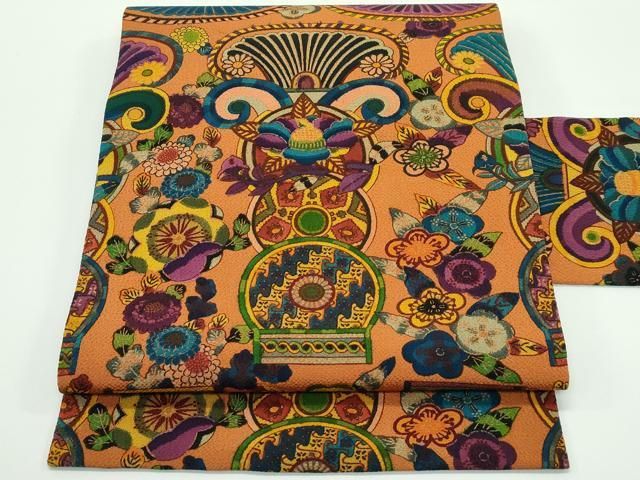 平和屋着物■極上　初代 染人・山岡古都　首里琉染　全通柄　九寸名古屋帯　更紗花唐草文　鬼しぼ縮緬　逸品　未使用　CZAA4177s5 平和屋着物□極上 初代 染人・山岡古都 首里琉染 全通柄 九寸名古屋帯