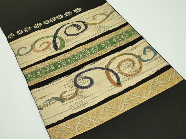 平和屋着物 上 龍村美術織物 龍村製 六通柄 京袋帯 本袋帯 横段渦巻花文 黒地 金糸 s 5