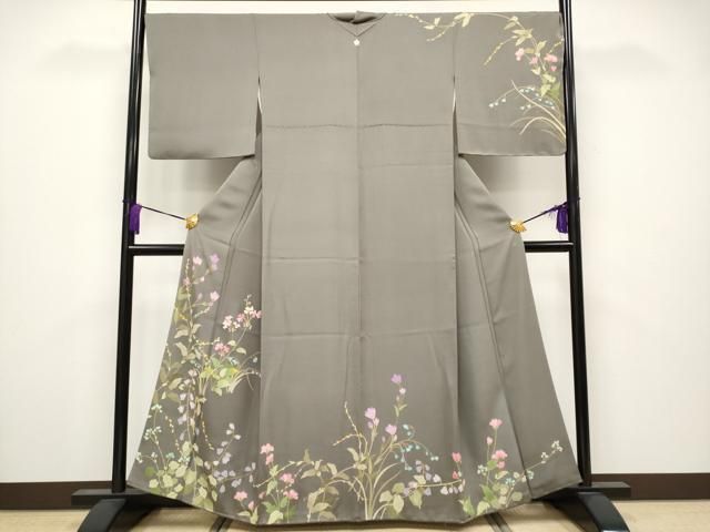平和屋着物 上 訪問着 草花文 煤色地 s 5