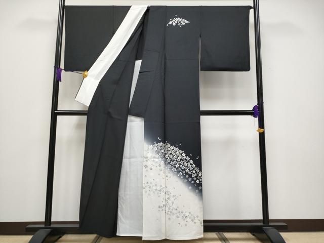 平和屋着物 上 訪問着 単衣 舞桜 暈し染め 黒地 銀彩 s 5