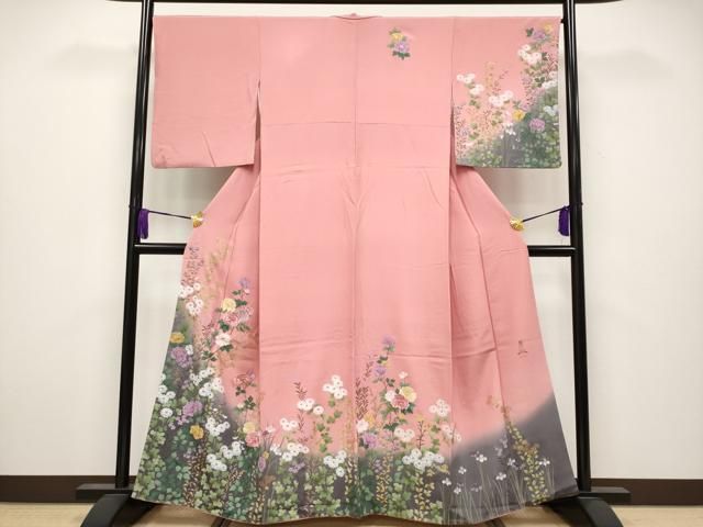 平和屋着物 上 英王室献上友禅作家 木下勝功 訪問着 刺繍 草花文 暈し染め 金彩 紅梅色 京都きもの友禅扱い s 5