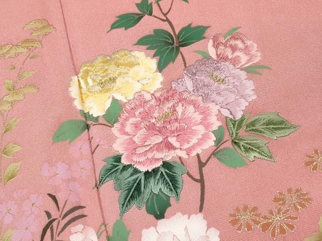  平和屋着物 上 英王室献上友禅作家 木下勝功 訪問着 刺繍 草花文 暈し染め 金彩 紅梅色 京都きもの友禅扱い s 5 訪問着 付け下げ 着物