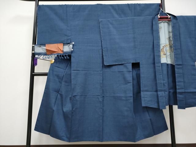 平和屋着物 上 男性 紬 アンサンブル キングサイズ 天宝 色無地 青褐色地 反端付き CYAA3919s5