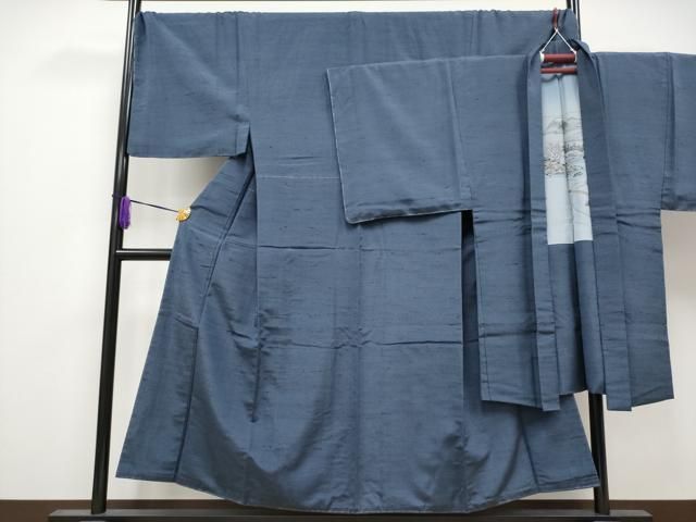 平和屋着物 上 男性 紬 アンサンブル キングサイズ 色無地 青褐色地 松坂屋扱い CYAA3924s5