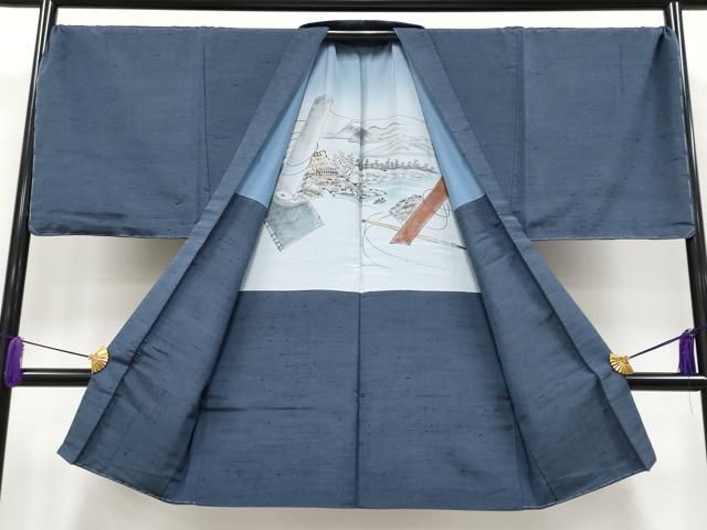 平和屋着物□極上 男性 紬 アンサンブル キングサイズ 色無地 青褐色地