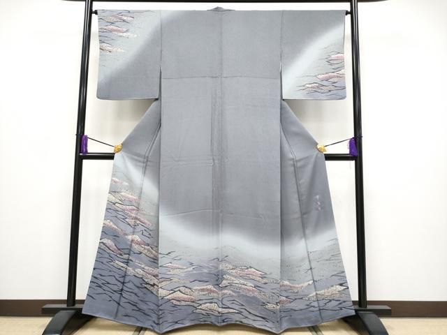 平和屋着物 上 京の名門 じゅらく謹製 帝王紫 訪問着 霞文 刺繍 暈し染め 桔梗鼠色地 s 5