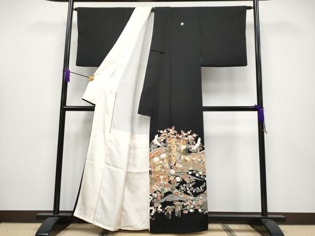 平和屋着物■極上　創業460年・千總　黒留袖　駒刺繍　御所車飛鶴花文　金彩　三越扱い　逸品　CYAA3941s5 平和屋着物□極上 創業460年・千總 黒留袖 駒刺繍 御所車飛鶴花文 金彩