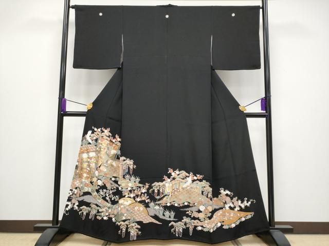 平和屋着物□極上 創業460年・千總 黒留袖 駒刺繍 御所車飛鶴花文 金彩