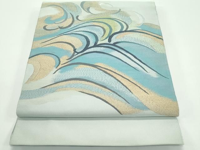 平和屋着物 上 西陣 一秀織物謹製 爪掻き本綴れ 八寸名古屋帯 立波文 金糸 百緑色地 s 5