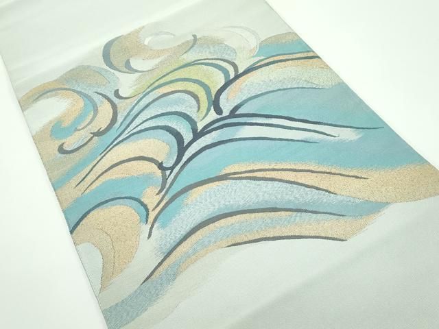 平和屋着物 上 西陣 一秀織物謹製 爪掻き本綴れ 八寸名古屋帯 立波文 金糸 百緑色地 s 5