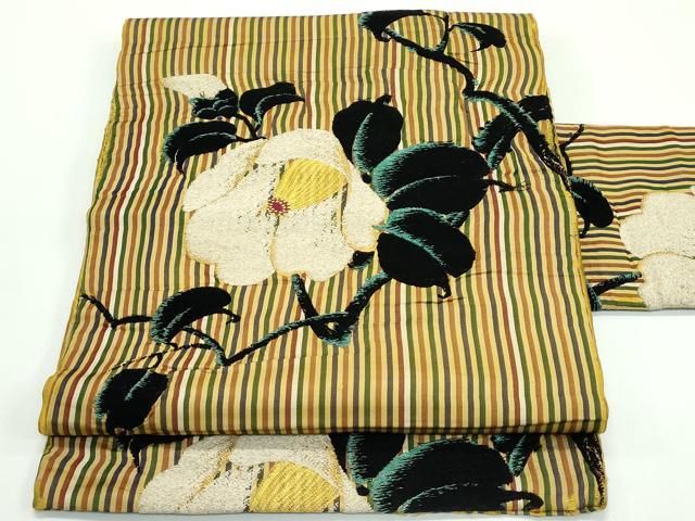 平和屋着物 上 アンティーク 九寸名古屋帯 総刺繍 枝椿 金糸 s 5