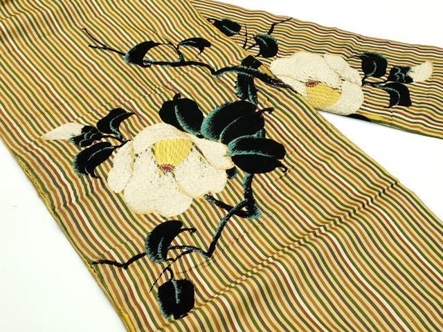 平和屋着物 上 アンティーク 九寸名古屋帯 総刺繍 枝椿 金糸 s 5