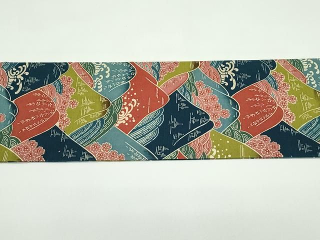 平和屋着物●銀座きしや　九寸名古屋帯　立波飛鶴草木文　灰青色　金彩　たとう紙付き　正絹　逸品　CABA2230dy 平和屋着物○銀座きしや 九寸名古屋帯 立波飛鶴草木文 灰青色 金彩 た