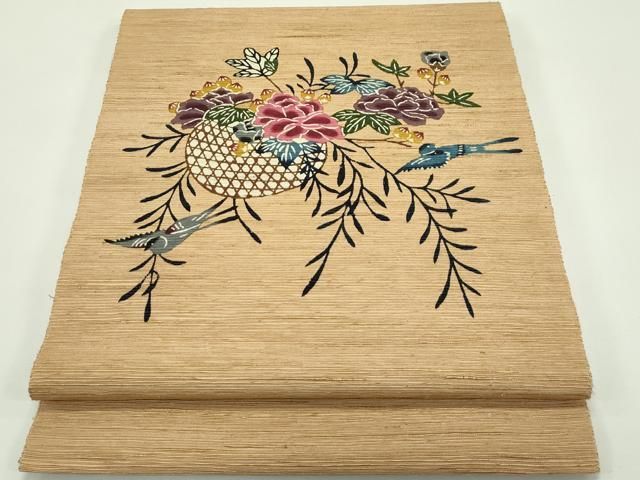 平和屋着物 上 本場琉球紅型 八寸名古屋帯 紬地 花籠飛鳥文 杏色地 s 5