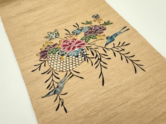 平和屋着物 上 本場琉球紅型 八寸名古屋帯 紬地 花籠飛鳥文 杏色地 s 5