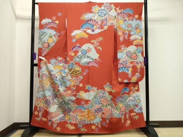 平和屋着物 豪華振袖 型染め 遠山松竹梅文 正絹 gh