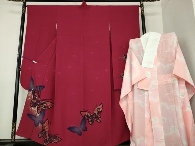 平和屋着物 森英恵 HANAE MORI 振袖 長襦袢 無双仕立て セット 竹屋町刺繍 舞蝶花文 金彩 正絹 ps
