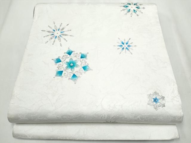 平和屋着物 両面 太鼓柄袋帯 作家物 ラインストーン 雪花文 銀彩 正絹 hy