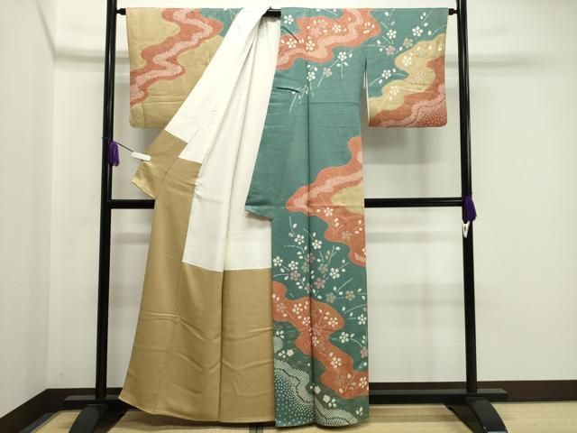 平和屋着物 訪問着 絞り 流水花文 金彩 正絹 gh