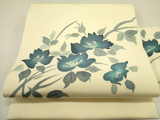 平和屋着物 塩瀬 九寸名古屋帯 手描き 草花 正絹 op