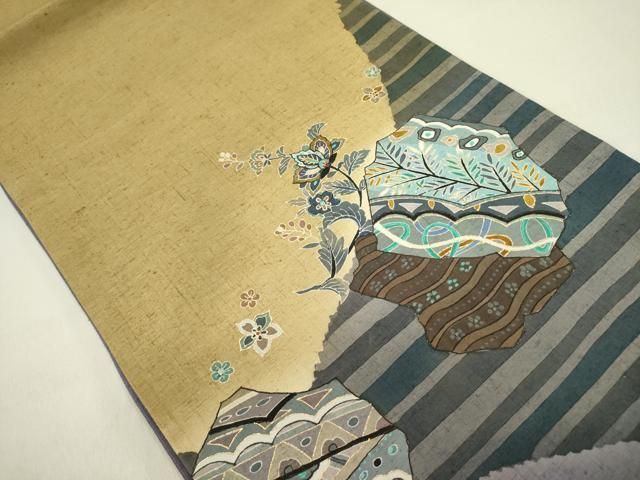 平和屋着物 太鼓柄袋帯 作家物 紬地 型染 更紗花文 金彩 正絹 op