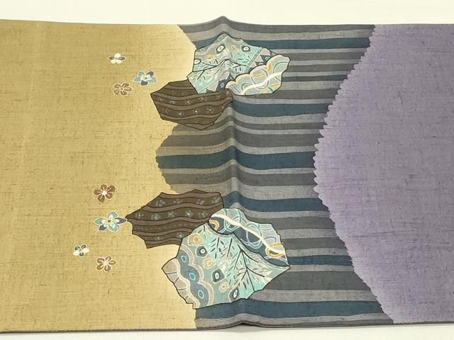  平和屋着物 太鼓柄袋帯 作家物 紬地 型染 更紗花文 金彩 正絹 op 袋帯 帯