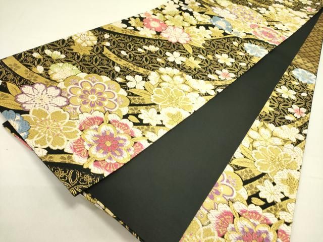  平和屋着物 六通柄袋帯 唐織 舞花 黒地 金糸 正絹 op 袋帯 帯