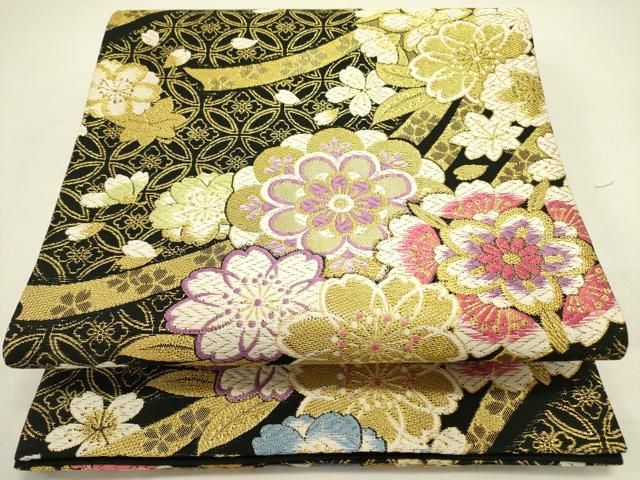 平和屋着物●六通柄袋帯　唐織　舞花　黒地　金糸　正絹　逸品　DAAZ2315op 平和屋着物○六通柄袋帯 唐織 舞花 黒地 金糸 正絹 逸品 DAAZ2315op