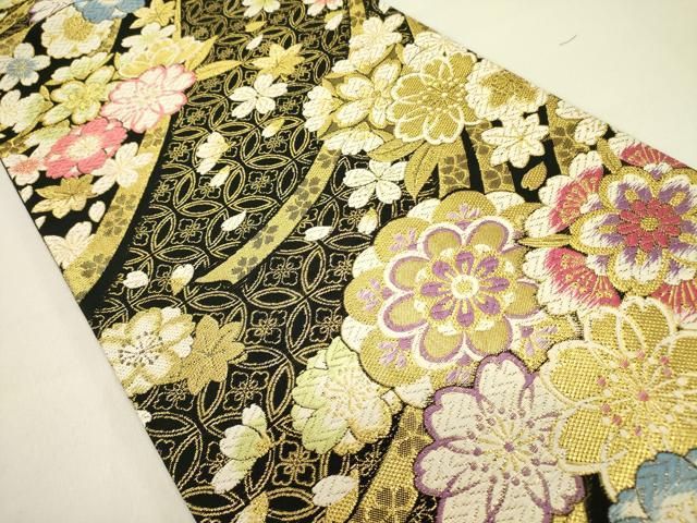 平和屋着物 六通柄袋帯 唐織 舞花 黒地 金糸 正絹 op