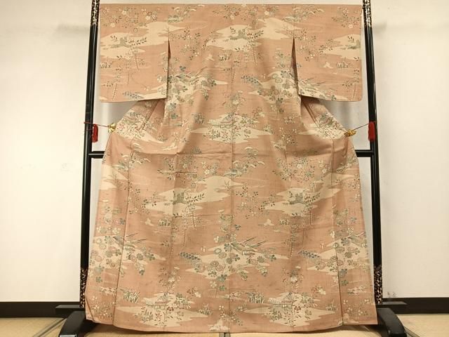 平和屋着物▽上質な紬 単衣 花尽くし 正絹 逸品 AABC0522fy