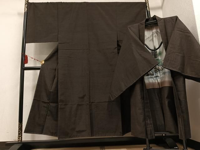 平和屋着物 男性 紬 アンサンブル 色無地 赤墨色 正絹 AABD4466ph